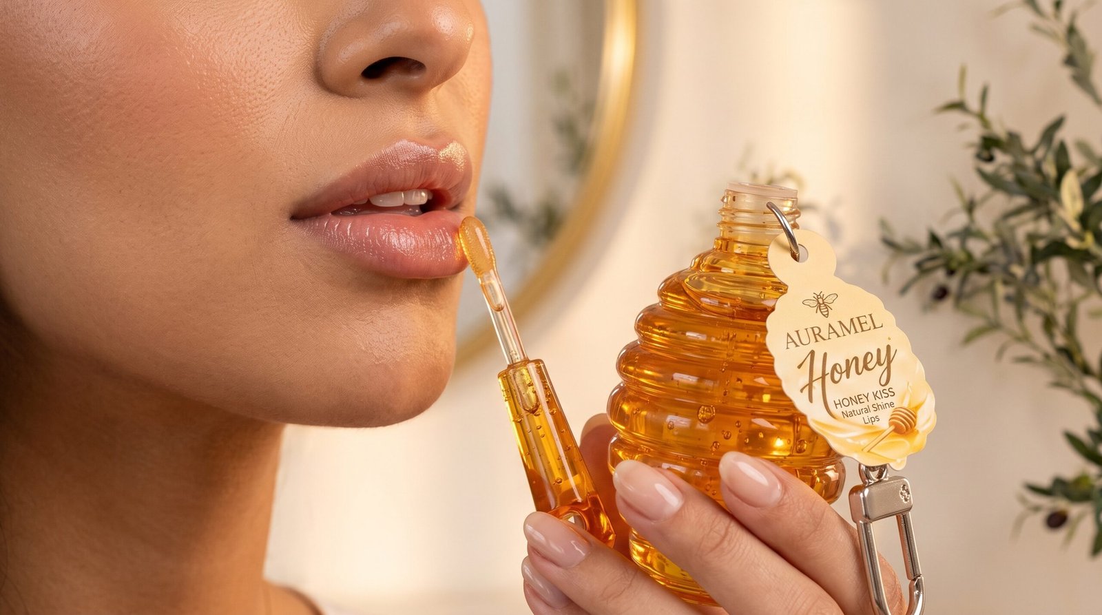 Mulher aplicando o lip oil Honey Kiss nos lábios
