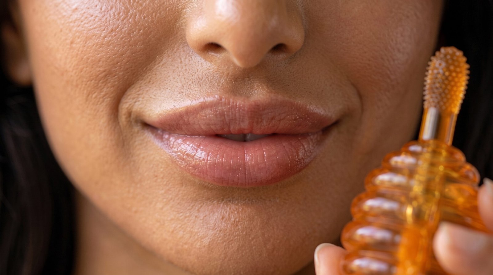 Lábios naturalmente hidratados após uso do Honey Flavor, passo 3 do ritual