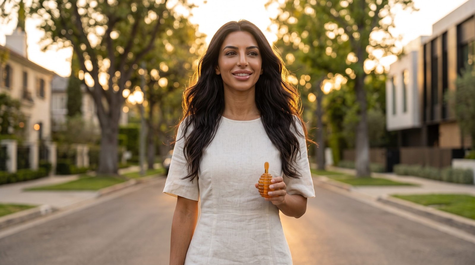Composição de lifestyle feminino com beleza natural e Honey Flavor